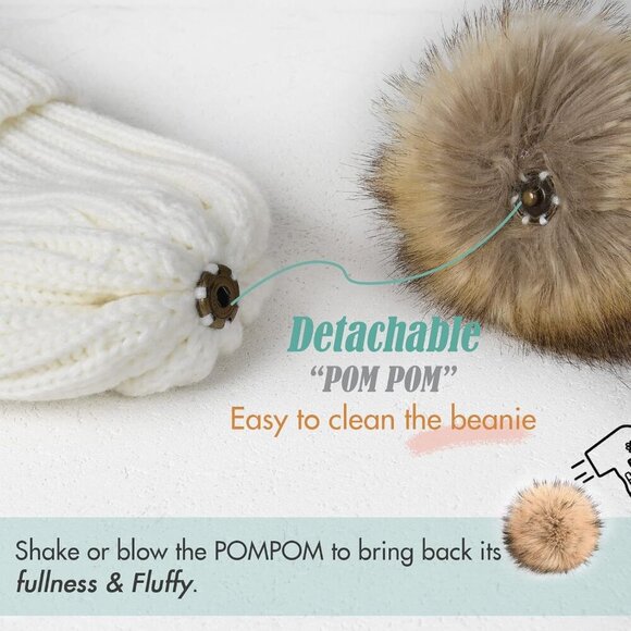 Women\'s White Winter Beanie Hat Satin Lined Faux Fur Pom Pom Beanies Hat